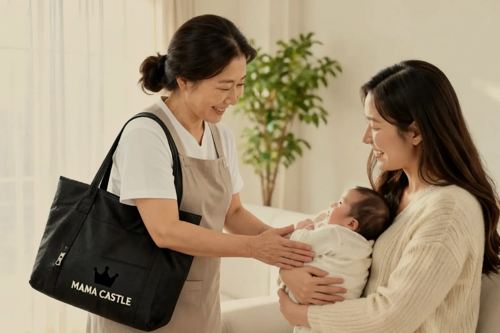 출퇴근형 케어를 표현한 이미지 — 가방을 멘 관리사가 아기를 안은 산모를 맞이하는 모습